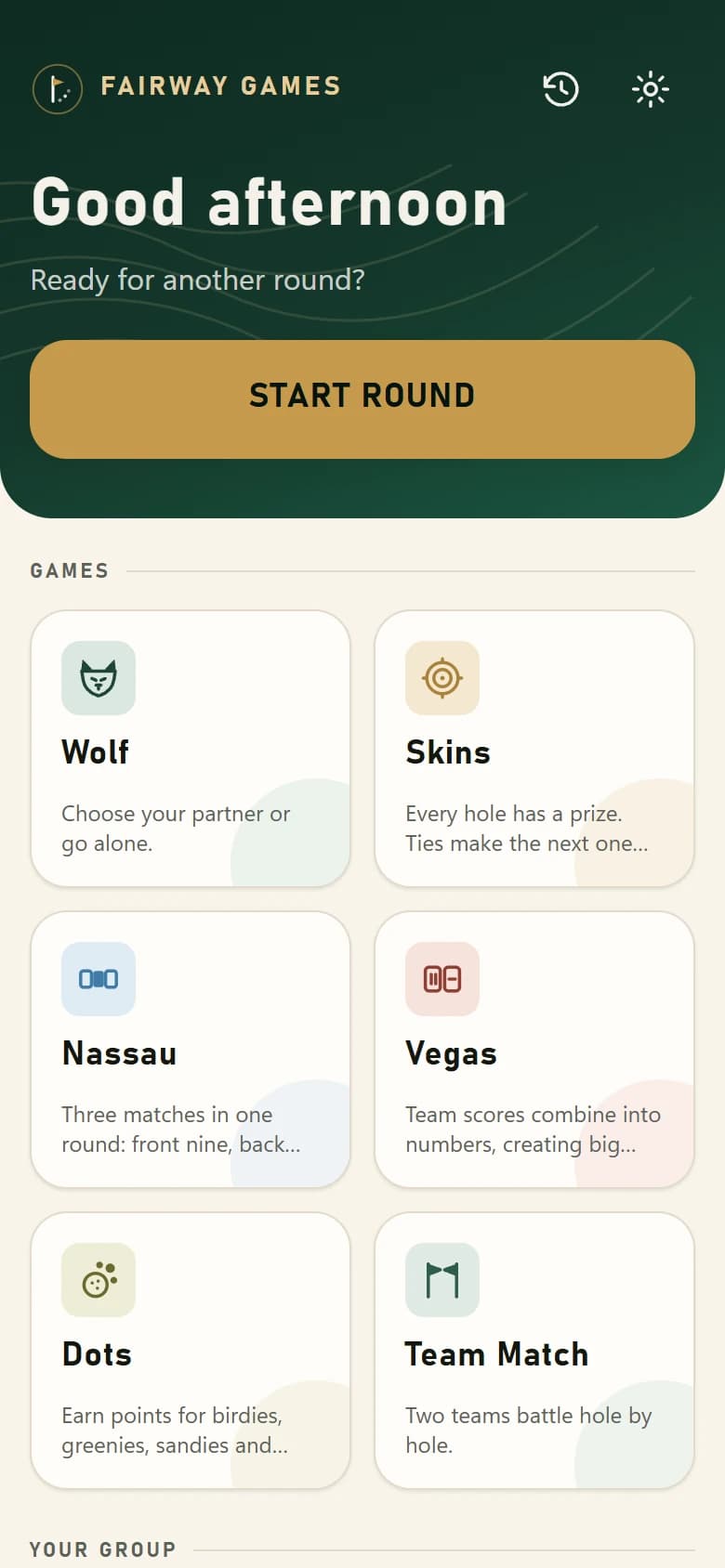 The Fairway Games home screen with the six game cards.