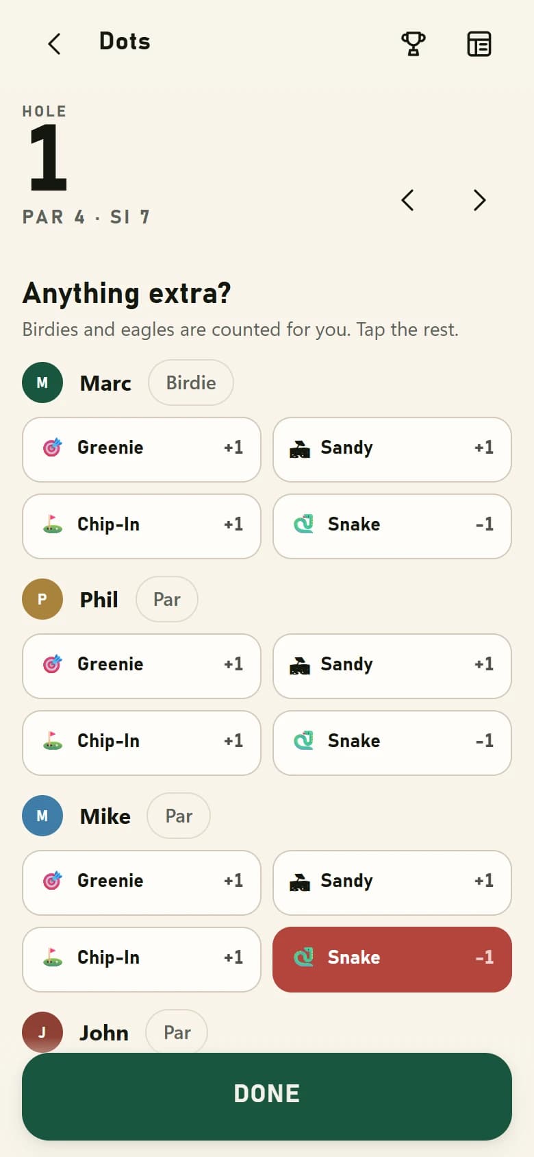 The Fairway Games Dots screen asking “anything extra?” with tappable chips for greenie, sandy, chip-in and snake next to each player.