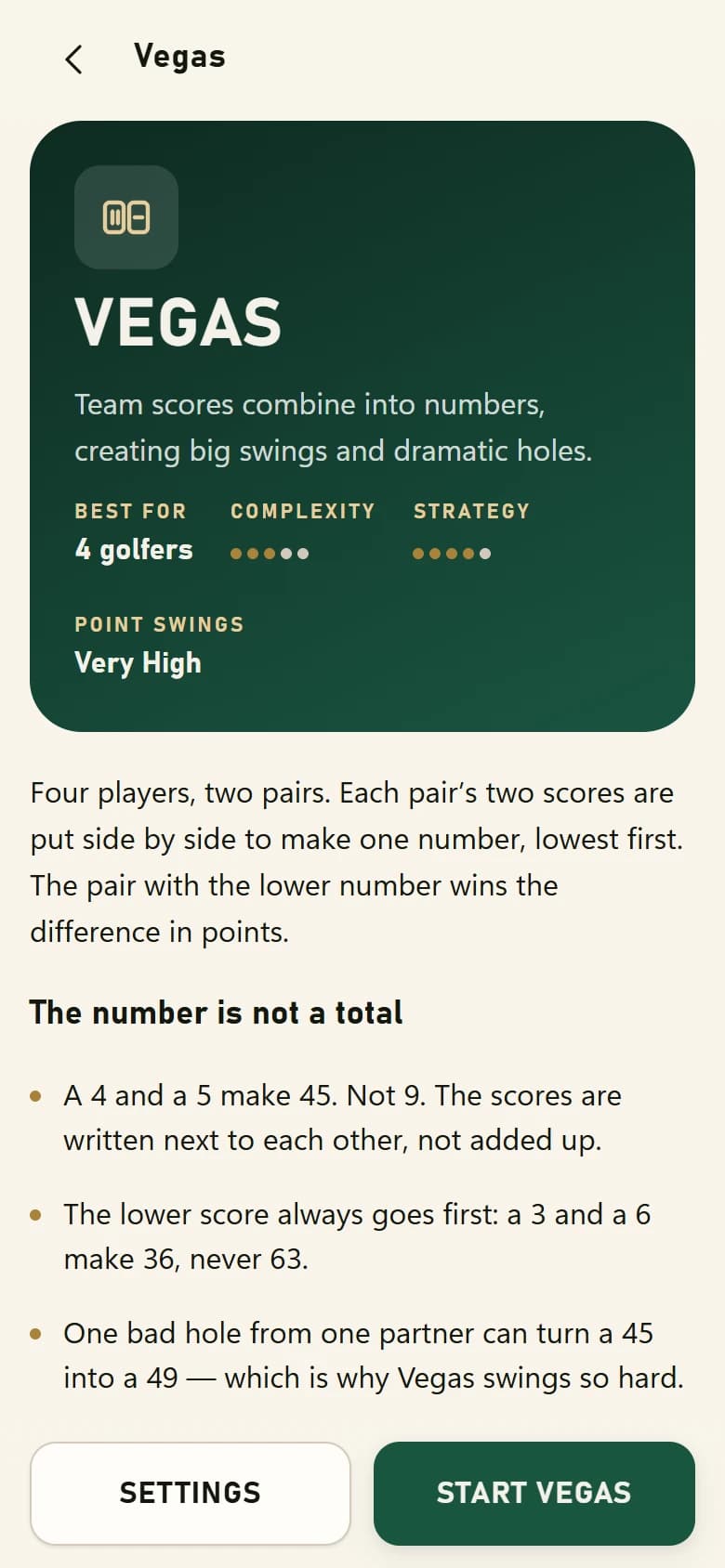 The in-app rules screen for Vegas, written for someone who has never played it, with a worked example using the settings the group chose.