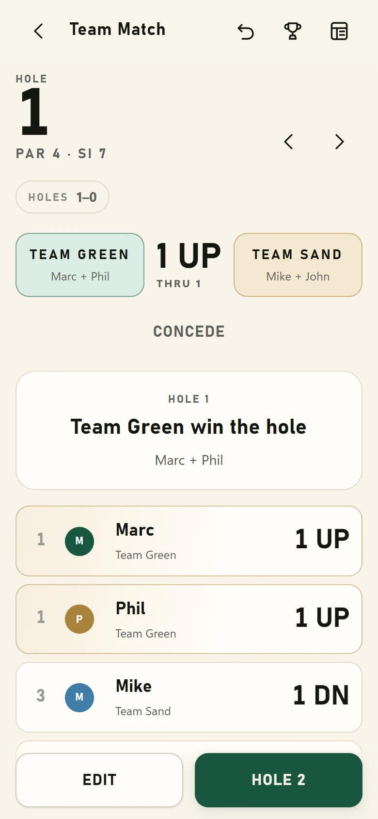 The Fairway Games Team Match screen showing Team Green against Team Sand with the match status and holes won.