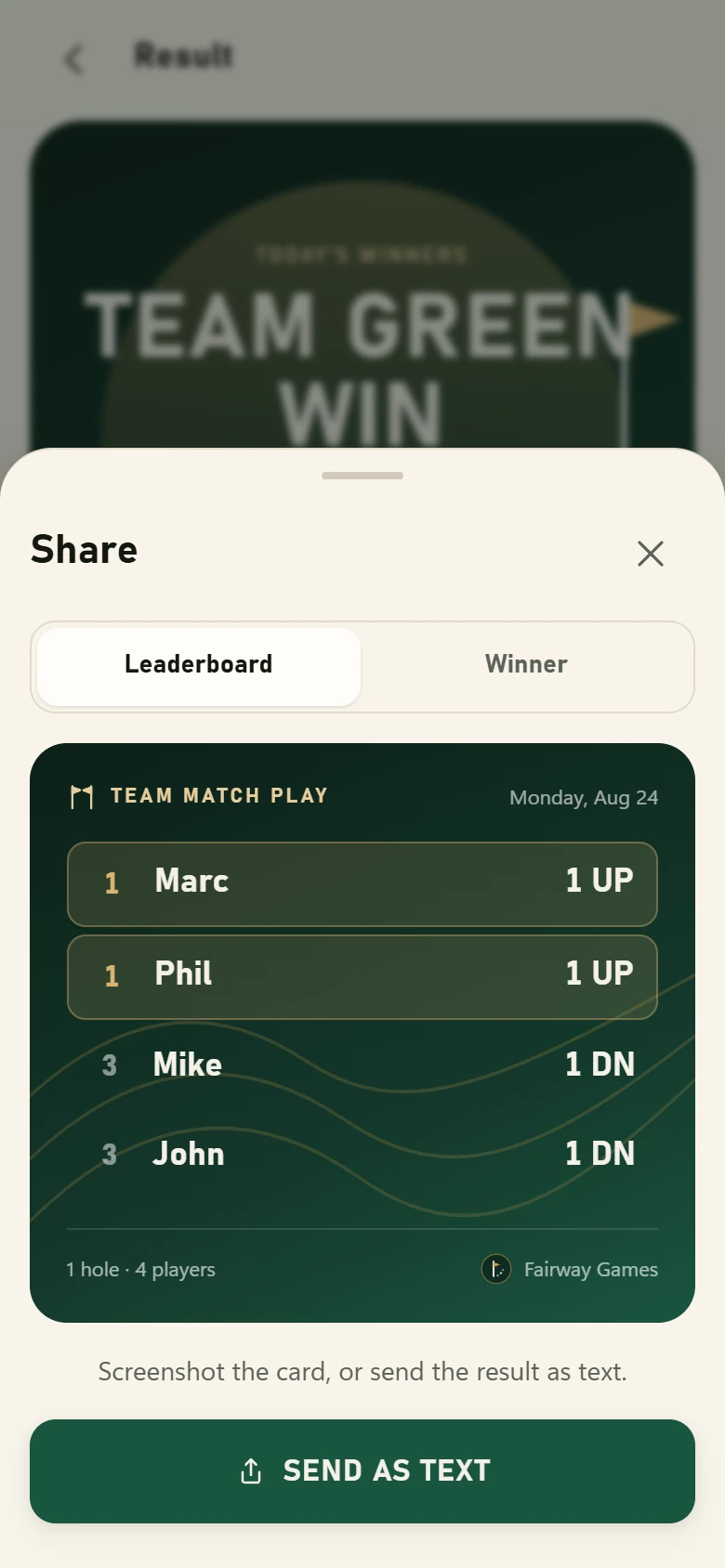 A designed share card showing the winner and final standings.